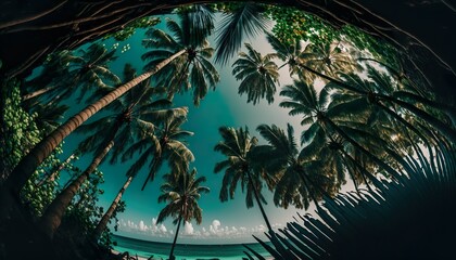 Fototapeta na wymiar A view of the ocean through a palm tree canopy unsplash Generative AI