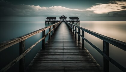 Fototapeta na wymiar A pier stretching out over calm waters unsplash pier at night Generative AI