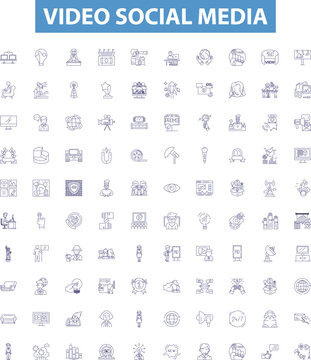 Video social media line icons, signs set. Vlogging, Streaming, StreamingLive, VideoSharing, Videoconferencing, Collaboration, Networking, Connecting, Engaging outline vector illustrations.