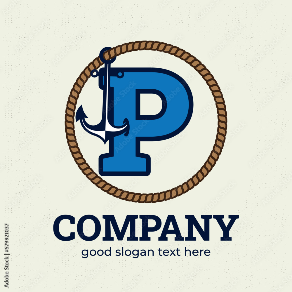 Wall mural letter p logo with anchor illustration logo design template, nautical logo concept, vintage style.