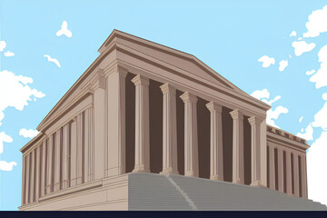 Bank or Courthouse With Building Columns Simple Illustration Against Clear Blue Sky created with generative ai technology