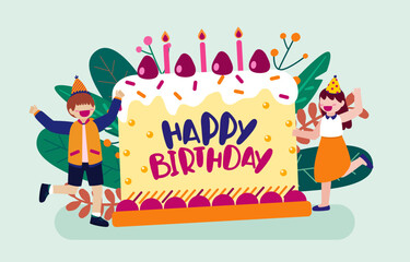 Cartoon birthday party people. Man and woman has birthday party at home. Birthday party decoration with balloon and shoot colorf