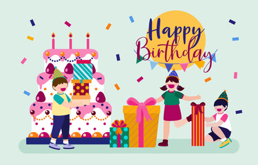 Cartoon birthday party people. Man and woman has birthday party at home. Birthday party decoration with balloon and shoot colorf