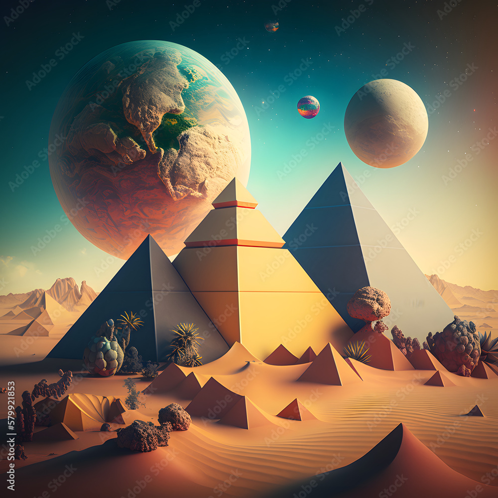 Wall mural landscape with pyramids in a desert on a planet under two planets. generative ai