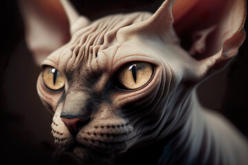 Close up shot of sphynx cat. Front view of  sphynx cat head and face. Generative AI.