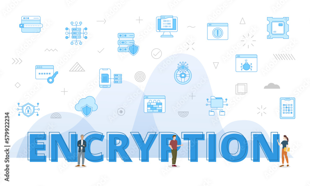 Poster encryption concept with big words and people surrounded by related icon with blue color style