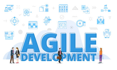 agile development concept with big words and people surrounded by related icon with blue color style