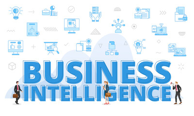 business intelligence concept with big words and people surrounded by related icon with blue color style