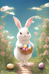 Cute Easter Bunny Rabbit White With Easter Eggs created with generative ai technology