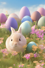 Fototapeta premium Cute Easter Bunny Rabbit White With Easter Eggs created with generative ai technology