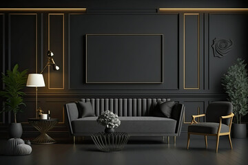 Modern luxury living room interior backdrop, living room interior mockup, interior with black walls, dark interior of living room with black wall, chair, and wooden console, generative AI