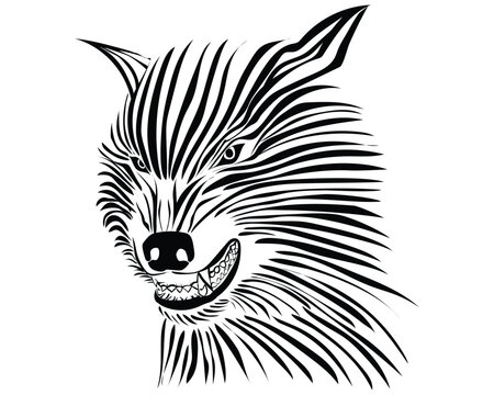 black and white vector design of a wolf made or drawn consisting of lots of black lines to form a pattern of fur on the wolf's face with its mouth and sharp canine teeth