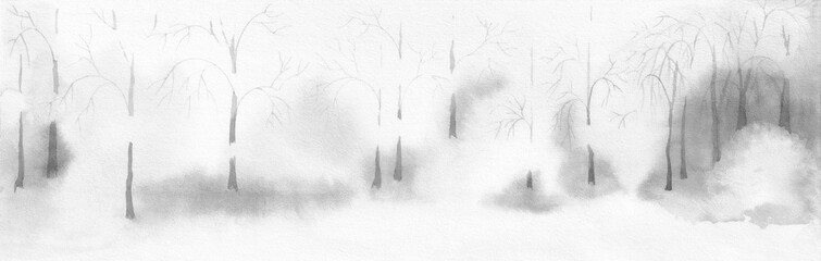 Abstract Art Nature black and white winter landscape with snowy trees. Watercolor painting banner template on textured paper. - 579923639