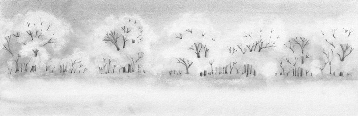 Black and white Art Nature winter landscape with snowy trees. Watercolor painting banner template on textured paper.