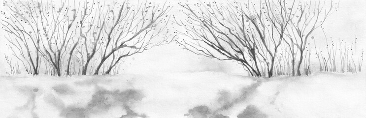 Art Nature black and white winter landscape with trees in the snow. Watercolor painting banner template on textured paper. - 579923646