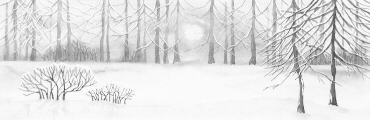 Art Nature black and white winter landscape with. Pine trees in the snow at sunset. Watercolor painting banner template on textured paper. - 579923648