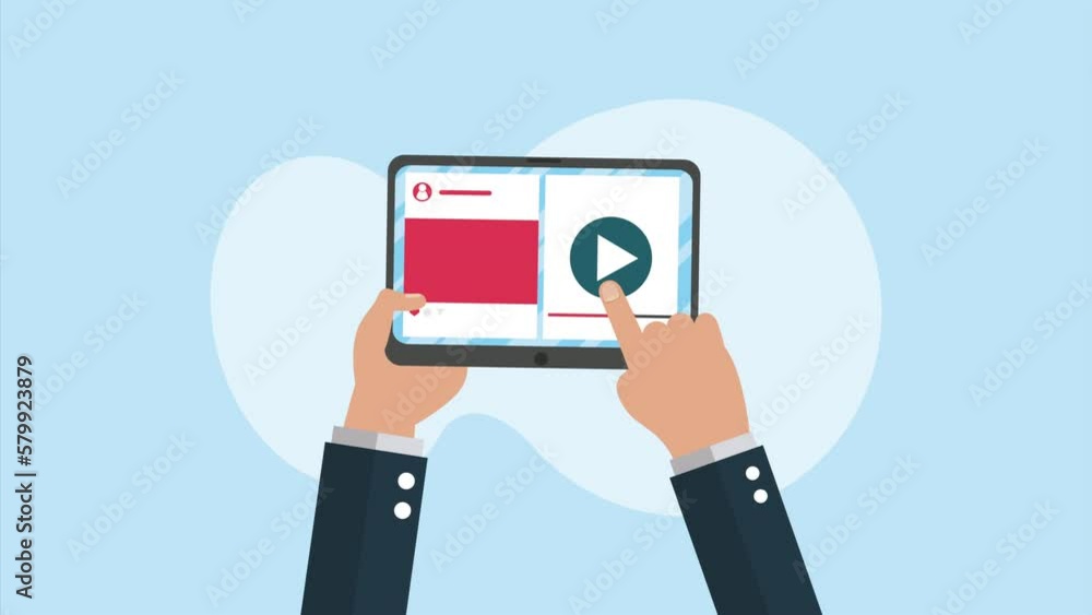 Poster hands user with tablet device tech animation