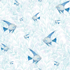 Watercolor seamless pattern of blue angelfish isolated on background of seaweeds. For greeting card design, menus, background, prints, wallpaper, fabric, textile, wrapping.