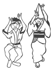 版画風の正面から見た阿波踊り、男女
