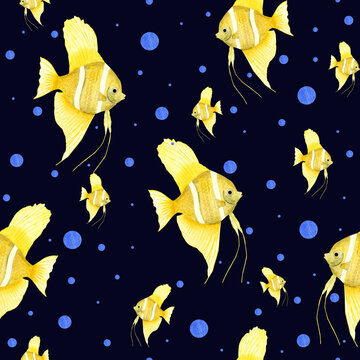 Watercolor seamless pattern of yellow angelfish isolated on black background. For greeting card design, menus, background, prints, wallpaper, fabric, textile, wrapping.