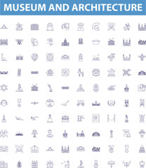 Museum and architecture line icons, signs set. Museum, Architecture, Exhibition, Historic, Art, Antiquities, Relic, Heritage, Statues outline vector illustrations.