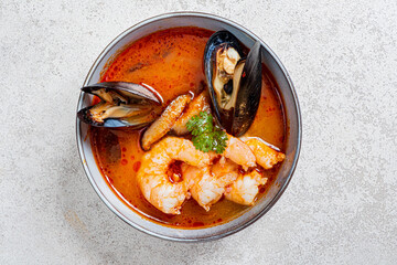 French seafood bouillabaisse soup, top view