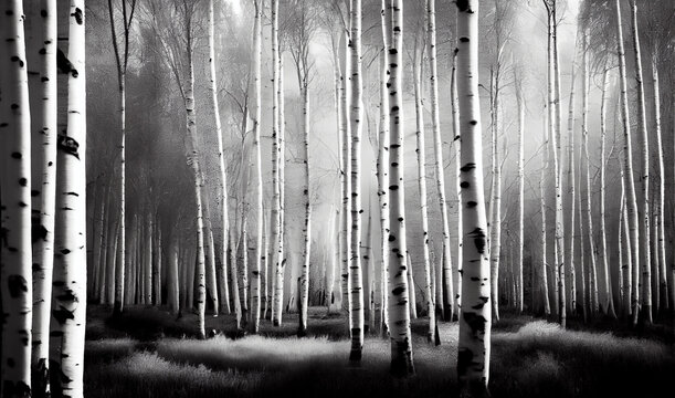 White birch trees forest, birch forest texture background, Landscape of a winter birch forest