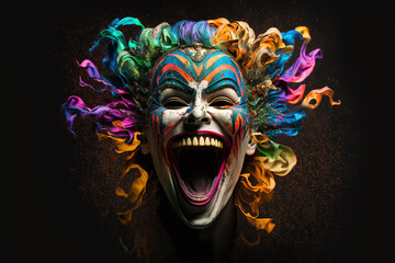 April fools day. April 1st. Fools. Mask of laughter and smiles. Joy and jokes. Clowns and artists. Raffles and fun. Funny greeting card, advertisement, flyer, flyer, article. Generative AI