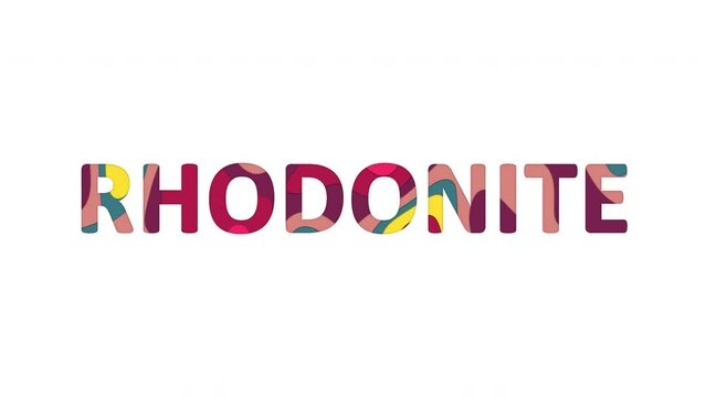 Multi-colored inscription Name of Gemstone RHODONITE with colored spots floating inside. Looped from frame 120 to 839, Alpha BW at the end