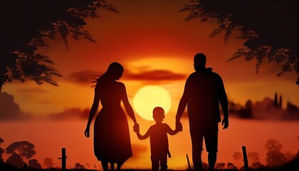 Fototapeta na wymiar silhouette of a family walking on the sunset