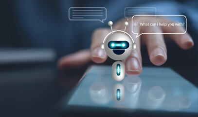 Digital chatbot, chat GPT, robot application, conversation assistant, AI Artificial Intelligence concept. Woman using mobile smart phone chatting with digital chatbot customer service