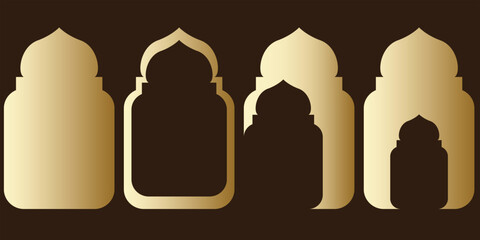 Golden Collection of  lantern style Islamic windows with modern pattern design in brown background, ramadan aesthetic background, luxury background