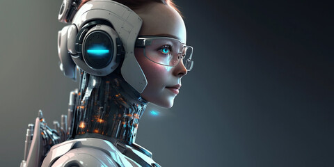 Profile portrait of robot bot ai with connected glasses white background. Synthetic humanoid robot, artificial intelligence.Portrait of gynoid,futuristic cyborg. Banner with space for text, copy space
