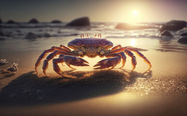 Fototapeta na wymiar crab on the sea beach, sunny day, generative ai