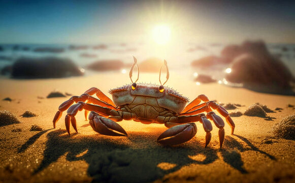 crab on the sea beach, sunny day, generative ai