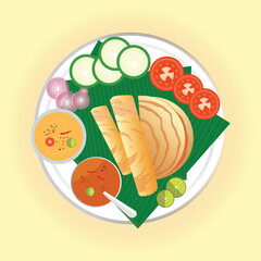 Illustration of south indian food breakfast dosa on banana leaf
