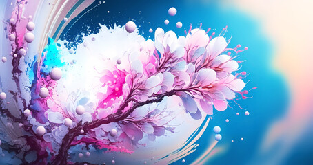 Blooming spring branch of cherry flowers on a blurred background with watercolor splashes. Created with generative AI.