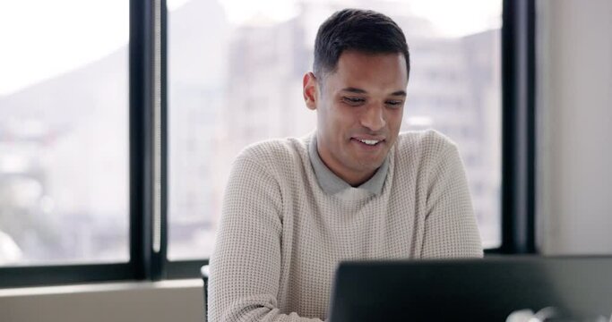 Laptop, wave and business man in video call, online meeting or video conference. Webinar, waving hello and happy male employee with computer in video chat, workshop or zoom call in company workplace.