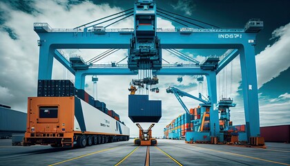In the international terminal logistic depot sea port idea for freight shipping transportation and service, a smart crane is loading goods with a smart line and a smart wifi World Mariners Day 25 June - obrazy, fototapety, plakaty