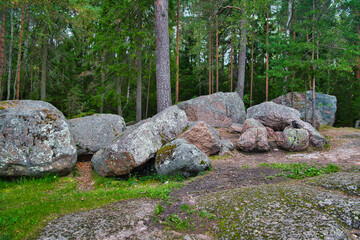 Huge boulders stones covered with moss in the pine forest, Park Mon Repos, Vyborg, Russia