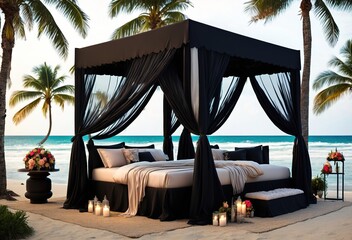 Fototapeta na wymiar Majestic wedding bed with ultra-detailed design generative ai