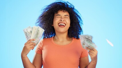 Dollars, winner and woman with money fan in studio isolated on a background. Financial freedom, wow surprise and rich happy female smelling cash after success in winning lottery, prize or competition