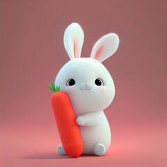 Obraz na płótnie Canvas white bunny holding a carrot on a pink background. generative ai.