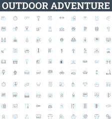 Outdoor adventure vector line icons set. Hiking, Camping, Climbing, Cycling, Canoeing, Surfing, Kayaking illustration outline concept symbols and signs
