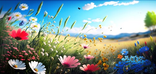 Stunning springtime scene with vibrant wildflowers on a grassy meadow on a sunny day. Generative Ai.