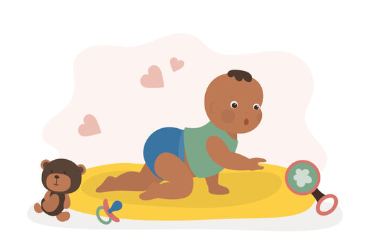 Infant learning to crawl, baby development. First year, baby learn to focus their vision, reach out, explore, and learn about things that are around them. Cognitive or brain development.