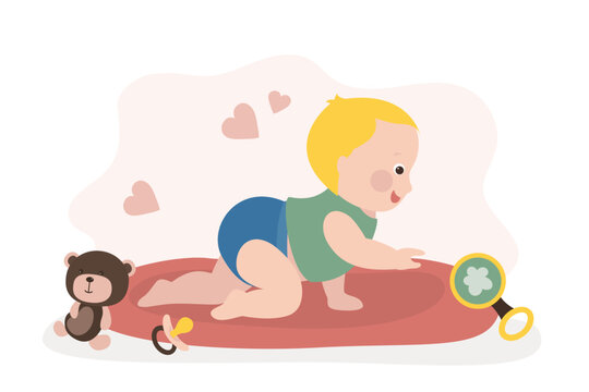 Infant learning to crawl, baby development. First year, baby learn to focus their vision, reach out, explore, and learn about things that are around them. Cognitive or brain development.