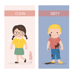 Opposite adjectives explanation cards, Clean and Dirty. Word card for language learning. Funny girl in clean clothes and boy in dirty clothes. Flashcard with antonyms for children,