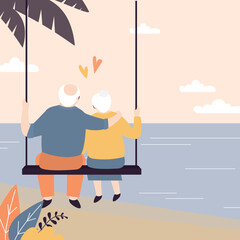 Elderly love couple sitting on swing. Grandparents in love, rear view. Old people have fun, seniors outdoors in park. Relationship, valentine day, greeting card. - obrazy, fototapety, plakaty