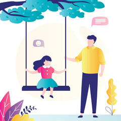 Little girl is sitting on swing. Father swings cute child on swing. Dad spends time with daughter. Active games on playground or in park. Relationships, family portrait. Weekend time.